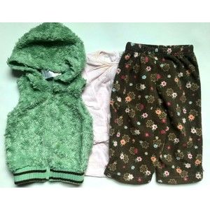 Girl's Size 9M 6-9 Months Two PIece Green Fur Hooded Vet, Brown Floral Pants